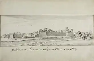 Blik op Kasteel Batavia vanaf de 'Heemradens thuijn', met links het bastion Robijn en rechts dat van Saphier, Elias van Stade (tekenaar), 1709, collectie Wereldmuseum Amsterdam