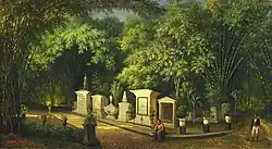 Schilderij van Raden Saleh met de Nederlandse begraafplaats in de plantentuin (1871)