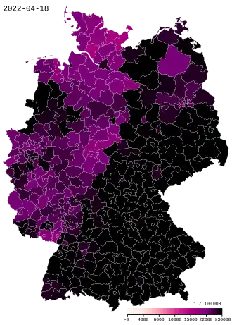Aantal bevestigde besmettingen per Kreis per 100.000 inwoners