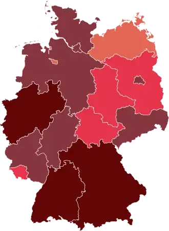 alt=Kaart van deelstaten met bevestigde besmettingen met het coronavirus (per 20 maart 2020) ■&nbsp; Bevestigd 10~99 ■&nbsp; Bevestigd 100~499 ■&nbsp; Bevestigd 500~999 ■&nbsp; Bevestigd 1000~9999 ■&nbsp;Bevestigd ≥10000