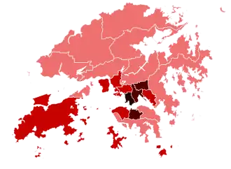 alt=Kaart van de uitbraak in Hongkong (per 6 maart) ■&nbsp;Bevestigde besmettingen gerapporteerd ■&nbsp;Vermoedelijke besmettingen gerapporteerd