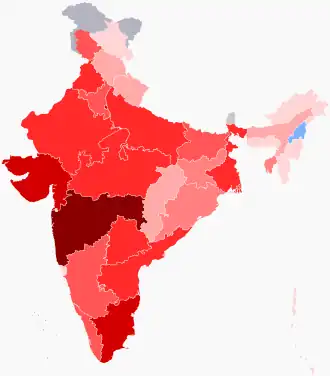 alt=Kaart van het aantal bevestigde besmettingen in India (peildatum 2 april) ■&nbsp;1–9 bevestigde besmettingen ■&nbsp;10–49 bevestigde besmettingen ■&nbsp;50–99 bevestigde besmettingen ■&nbsp;100+ bevestigde besmettingen