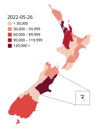 Aantal besmettingen per District Health Boards in Nieuw-Zeeland