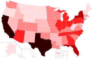 alt=Verspreiding in de Verenigde Staten waar het virus bij inwoners vastgesteld is (per 29 maart 2020) ■&nbsp; Bevestigd 1~9 ■&nbsp; Bevestigd 10~99 ■&nbsp; Bevestigd 100~499 ■&nbsp; Bevestigd 500~999 ■&nbsp; Bevestigd 1000~9999 ■&nbsp; Bevestigd ≥10000