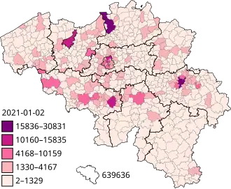 Totaal aantal bevestigde gevallen per gemeente (per 02 januari 2021)