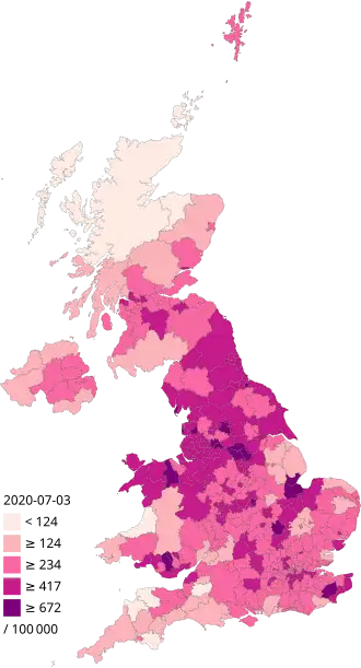 Kaart van de uitbraak in het Verenigd Koninkrijk met het aantal besmettingen per 100.000 inwoners (Per 3 juli)