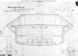 Bouwplan met een doorsnede van de machinekamer.
