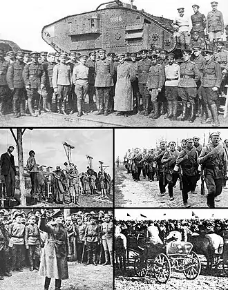 Met de klok mee vanaf boven: Soldaten van het leger van de Don in 1919; een Witte infanteriedivisie in maart 1920; soldaten van het 1e cavalerieleger; Leon Trotski in 1918; arbeiders worden opgehangen door het Oostenrijks-Hongaarse leger in Jekaterinoslav in april 1918
