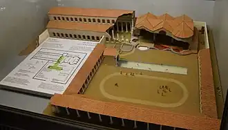 Maquette van de Romeinse baden van het legioenfort. Enkel de natatio (midden rechts) en een deel van het frigidarium (haaks op de natatio, rechtsboven op de foto) zijn opgegraven.