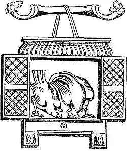 Een kooi met kippen die dienden voor de auspices.