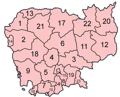 Kaart van Cambodja met de ligging van de provincies