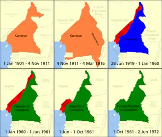 Geschiedenis van Kameroen ■&nbsp;Duits Kameroen (Kamerun) ■&nbsp;Brits Kameroen (Cameroons) ■&nbsp;Frans Kameroen (Cameroun) ■&nbsp;De moderne republiek Kameroen