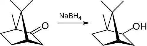 Reductie van kamfer met natriumboorhydride geeft isoborneol.