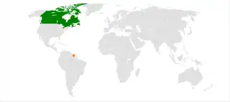 Kaart met daarop Canada en Suriname