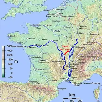 kaart van Frankrijk met de Loire en de Saône/beneden-Rhône in blauw, het kanaal in rood