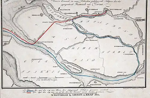 Geschetste kaart uit 1825. Deze toont de enorme omweg die zeeschepen toen moesten maken.
