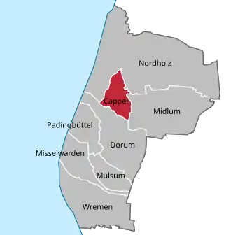 Ligging van Cappel in de gemeente Wurster Nordseeküste