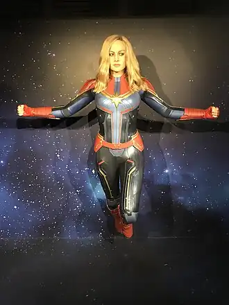 Beeld Captain Marvel in Madame Tussauds Londen, 2019.