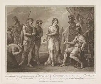 Gravure Caractacus, koning van de Silures, wordt uitgeleverd aan de Romeinse generaal Ostorius door Cartimandua, de koningin van de Brigantes. Prentmaker: Francesco Bartolozzi, 1788