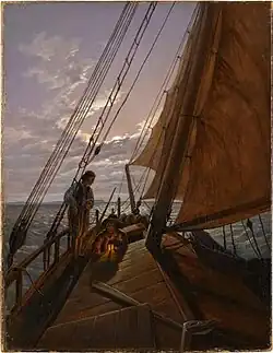 Zeilschip met twee schipper op hoge zee