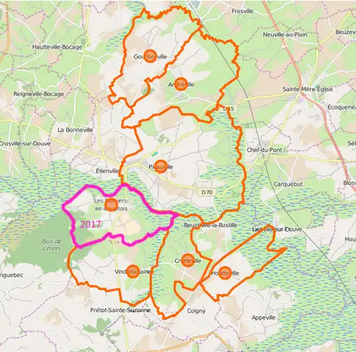Kaart van de deelgemeenten van Picauville