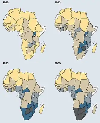 De hiv-epidemie in Afrika tussen 1988 en 2003.