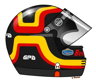 Helm van Stefan Bellof. Het ontwerp is gemaakt in 1982 in de kleuren van de Duitse vlag door Angelika Langner, de vriendin van de coureur.