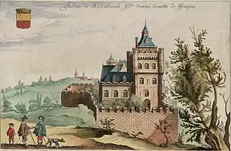 Fantasievoorstelling van het Kasteel van Middelburg, gebaseerd op het altaarstuk, in: Antonius Sanderus, Flandria illustrata, 1641