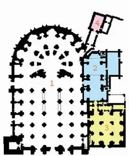 plattegrond van de kerk 1. kerk, 2. koninklijke kapel, 3. kapel/museum, 4. sacristie