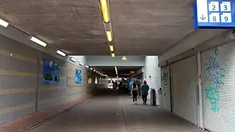 Onderdoorgang vanaf Celebesstraat (juli 2019) links twee blauwe schilderijen