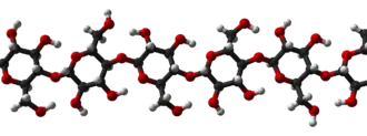 ▵ Structuurformule en molecuulmodel van cellulose