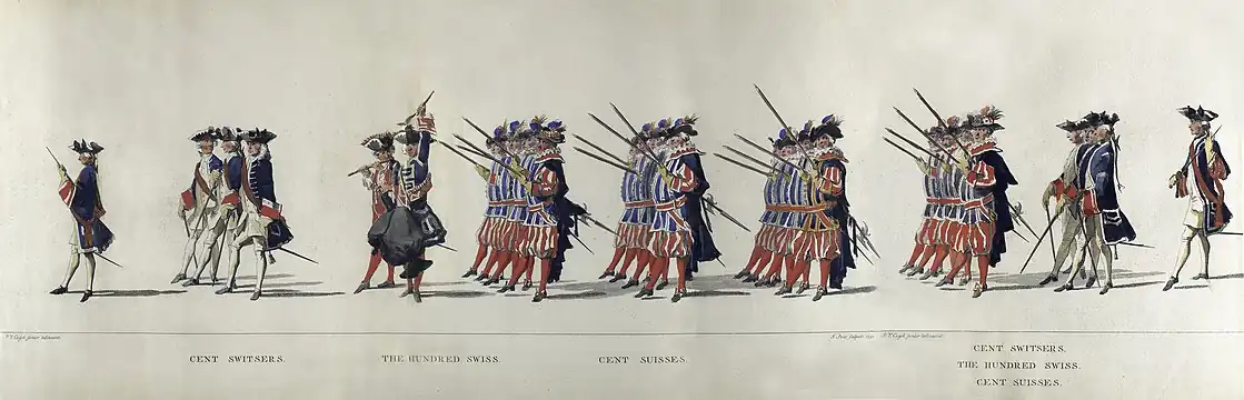 De Zwitserse Garde van de Staten-Generaal paradeert in 's-Gravenhage. Tekening uit 1752 van Pieter van Cuyck junior, gegraveerd door Jan Punt.