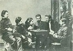 Znanie-groep, 1903, v.l.n.r. Skitalets, Andrejev, Gorki, Telesjov, Sjaljapin, Boenin, Chirikov