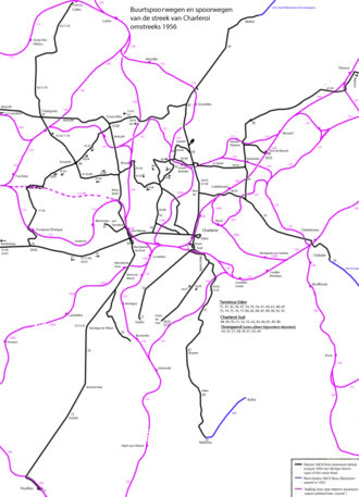 Kaart van de buurtspoorlijnen van de "Charleroi" groep van Henegouwen, Buurtspoorwegen in de regio Charleroi van Henegouwen