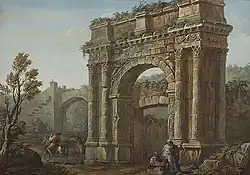 18e-eeuwse afbeelding door Charles-Louis Clérisseau van de boog van de Sergii en de Porta Aurea waartegen hij oorspronkelijk gebouwd was