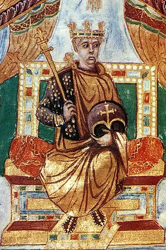 KAROLUS MAGNO, Karel (II) de Grote (voor 869), miniatuur (detail) Psautier de Charles le Chauve, BnF