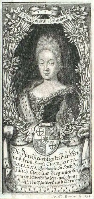 Hertogin Charlotte Johanna van Saksen-Saalfeld, geboren gravin van Waldeck-Wildungen. Gravure door Johann Alexander Böner, 1698, Bildarchiv Austria.