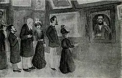 Karikatuur door Chotjaintseva: Tsjechov kijkt naar zichzelf in de Tretjakovgalerij