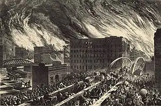 Tekening van een indruk van de grote brand van Chicago in 1871.
