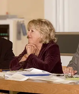 Kantonsraadslid Christiane Langenberger tijdens een conferentie op de Universiteit van Fribourg. Fribourg, 7 november 2005.