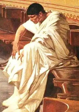 Catilina op een fresco (Cicero klaagt Catilina aan) van Cesare Maccari. Palazzo Madama (zetel van de Italiaanse Senaat), Rome.