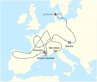 alt=De migraties van de Cimbri en de Teutonen. Rood: Romeinse overwinningen Blauw: Cimbrische en Teutoonse overwinningen