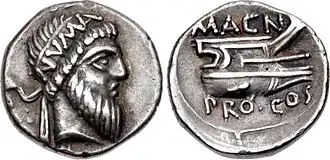Denarius van hoofd van Numa Pompilius met diadeem met inscriptie, 48 v.Chr.