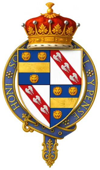 Het gekwartierde wapenteken van William de la Pole toen hij lid werd van de Orde van de Kousenband.