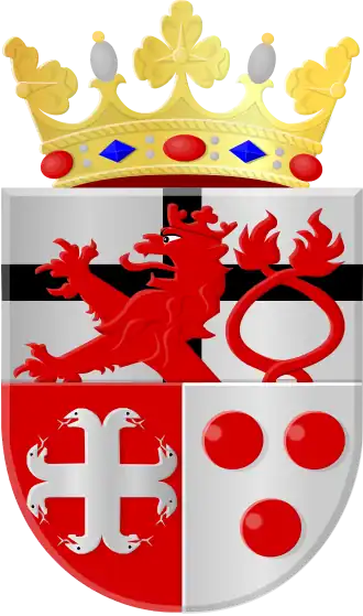 Het wapen van Beek, waarbij het familiewapen eveneens is opgesplitst