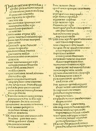 1 Korintiërs 1:1-21 in het Latijn op de Codex Amiatinus, in de 8e eeuw gekopieerd in Wearmouth-Jarrow Abbey.