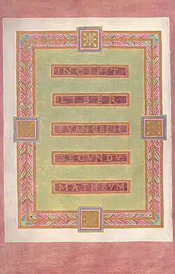 "Incipit" pagina "Hier begint het Evangelie van Matteüs", folio 21 verso.