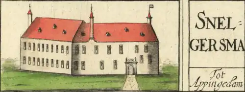 De borg Snelgersma in Appingedam op de kaart van Willem en Frederik Coenders van Helpen uit 1678. Deze borg kwam in het bezit van de familie door het huwelijk van Pybe van Meckema met Jetscke van Houwerda.