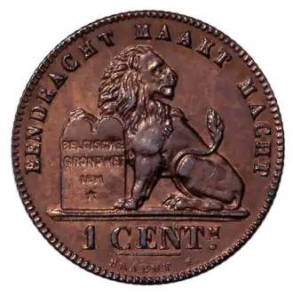 De Belgische grondwet op een 19e-eeuws muntstuk van een centiem