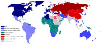 De Koude Oorlog in 1959. Korea en Vietnam zijn verdeeld. Mongolië is een bondgenoot van de Sovjet-Unie en Japan van de Verenigde Staten.
